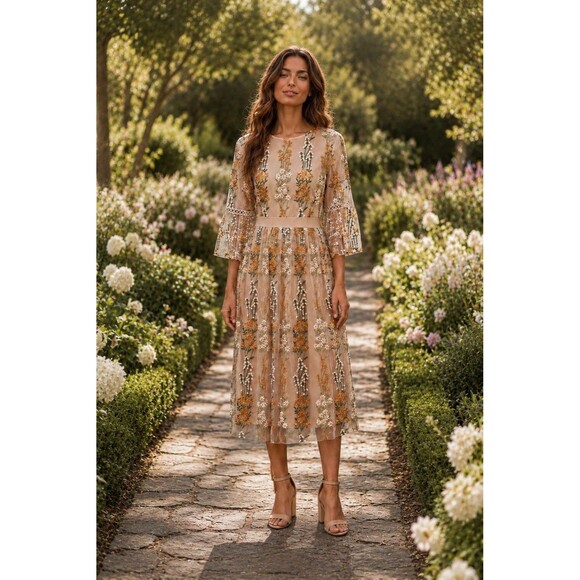 Bohme Dresses & Skirts - Bohme Floral Embroidered Sheer Lined Fit & Flair Midi Dress Boho Romantic Size L